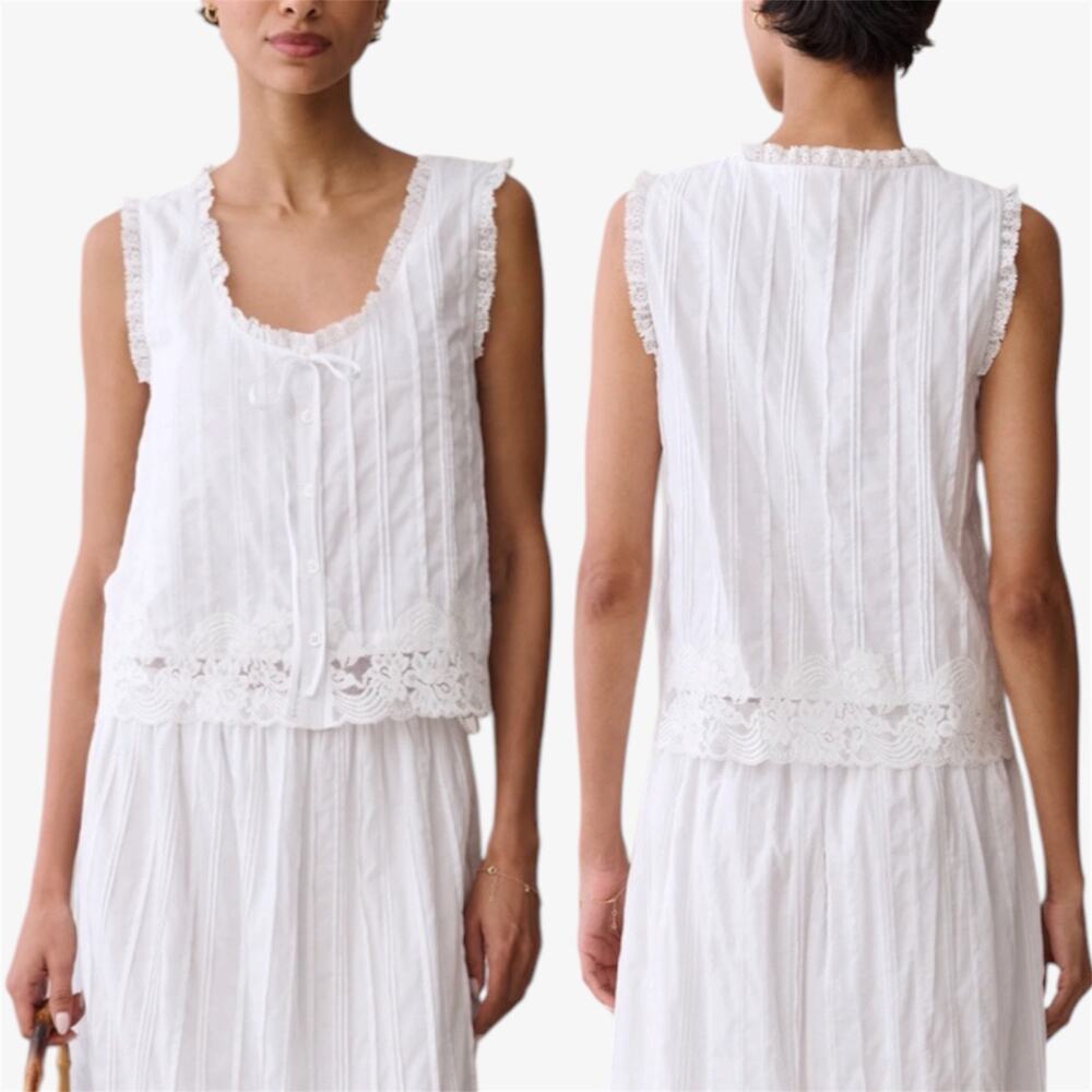 Few Moda Sorella Vanya White Lace Trim Top Tie Front Pintuck Cami Small Coquette